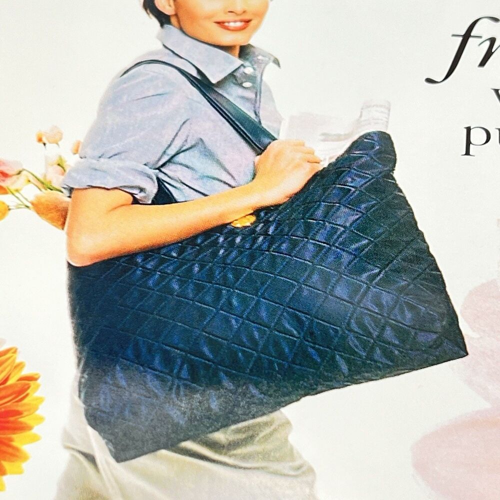 Avon Large Midnight Blue Quilted Satin Puffer Tote Bag w/Gold Accented Button